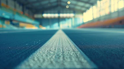 Poster Blurred view of an empty track and field arena, capturing the solitude and the simplicity of the environment, with muted colors and gentle lighting © Maelgoa