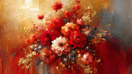 Abstract Floral, Oil Painting, Canvas, Bright Tone, Red and Gold, Textured Background, Golden Brushstrokes, Lush Flowers, Sophisticated Decor