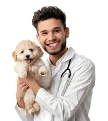 Veterinarian holding Toy Poodle dog in his arms, isolated on transparent background, pet healthcare concept, realistic illustration, generative ai - 785540349
