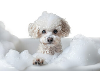 Cute Toy Poodle dog in a bath with foam, isolated on transparent background, cute pet concept, realistic illustration, generative ai - 785540352
