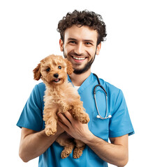 Veterinarian holding Toy Poodle dog in his arms, isolated on transparent background, pet healthcare concept, realistic illustration, generative ai - 785540358