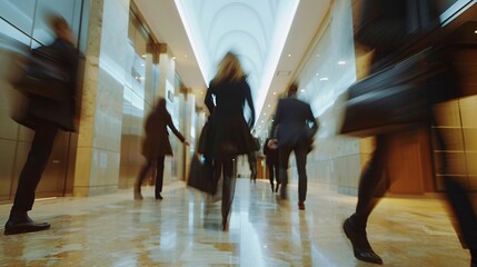Dynamic movement of individuals in a corporate hallway with blurred motion effect 01