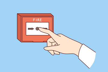 Fire alarm button on wall and hand of person who wants to notify everyone about emergency situation. Fire alarm technologies for prevention combating consequences of flame spread throughout building - 785540577