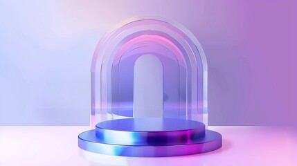 Objects in 3D holographic form isolated on a gradient background with purple and white hues. Modern realistic illustration of abstract geometric podium with iridescent glossy coating for product