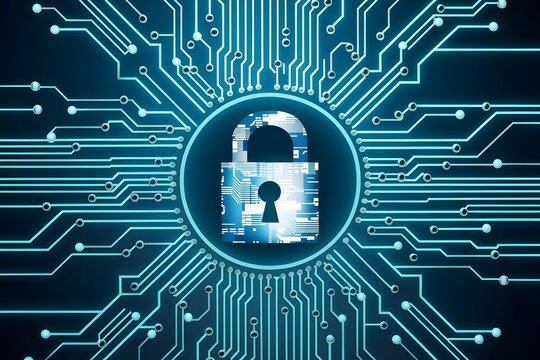 ImageStock Cybersecurity concept with circuit board and padlock on blue background, symbolizing data protection
