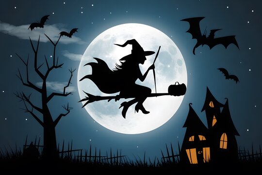 ImageStock Halloween silhouette of witch flying over the full moon, evoking a mystical atmosphere