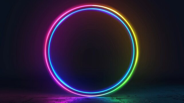 This neon glowing circle frame has a glitch effect. A realistic modern illustration set of a ring border with a tv digital light bug. A round luminous shape with a video lag and a noise texture.