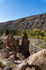 Tyuonyi Pueblo, the largest and most dramatic ruin in Bandelier National Monument, New Mexico....