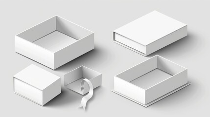 Decorative white cardboard box with ribbon puller. Drawer shape cardboard package template for gift or presentation concept. Blank carton container with sleeve cover.