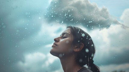 Profile portrait of a person with a raincloud above them against a plain backdrop, rain falling softly, conveying a sense of introspection and rejuvenation