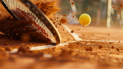 On a clay tennis court, a close-up of a racket hitting the ball