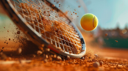 On a clay tennis court, a close-up of a racket hitting the ball