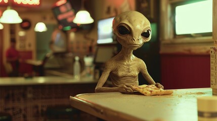 Cinematic image of an amiable alien enjoying a cheesy slice of New York-style pizza in a cozy corner of a bustling pizza parlor, with the aroma of freshly baked dough filling the air 01 - obrazy, fototapety, plakaty