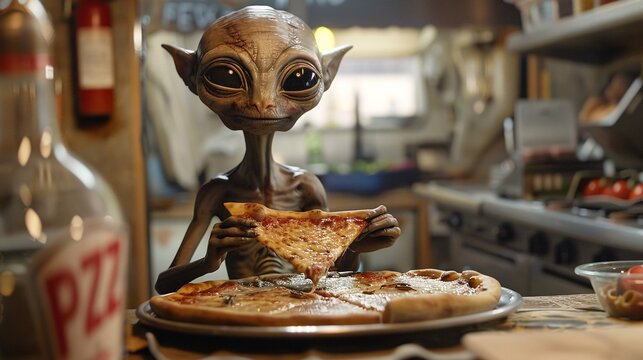 Cinematic image of an amiable alien enjoying a cheesy slice of New York-style pizza in a cozy corner of a bustling pizza parlor, with the aroma of freshly baked dough filling the air 02
