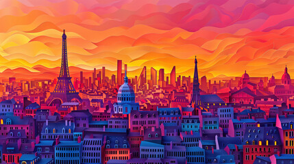 papercut of paris city panorama at dusk with abstract wavy background
