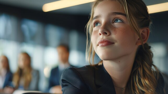 Cinematic image of a professional woman in business attire, yet with the appearance of a young girl, as she presents a project update to her team in a corporate boardroom, her enthusiasm contagious