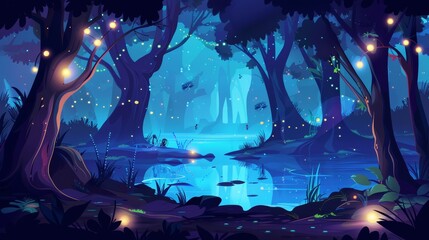 Fantasy night forest landscape with fireflies. Fantasy game woods scene. Green glowworm light in a mystery park atmosphere. Blue misty wonderland at midnight with glowing worms.