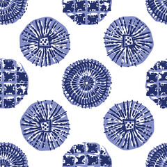 Indigo blue Japanese block print effect pattern. Seamless hand made vector design for fabric batik background and faded fashion repeat.  - 785541312
