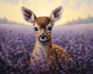 Baby deer with a circlet of violets, amidst a field of lavender, a portrait of innocence , illustration
