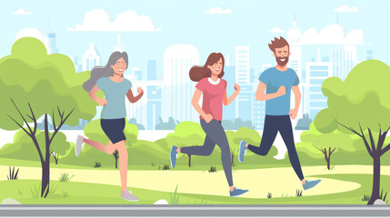 Fototapeta na wymiar Happy couple engages in a refreshing jog in the city park. Runners smiles reflect the shared happiness of embracing an jogging. Together, they find joy in the simple yet invigorating act of sport jog