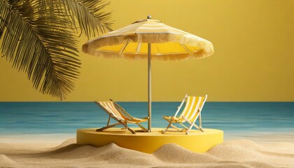 Sunshine Savings: Summer Yellow Podium Sale with Beach Umbrella, Reclining Chair, and Sand Pile"