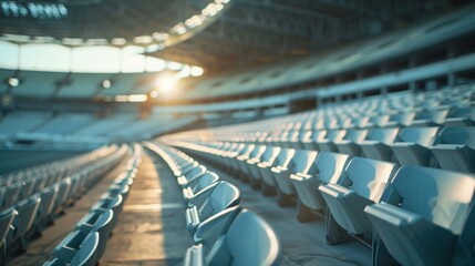 Obraz premium Blurred perspective of the interior of a deserted stadium, emphasizing the empty seats and the grandeur of the architecture, with soft hues and gentle lighting