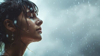 Profile shot of a woman against a neutral background, a raincloud positioned overhead, rain gently descending, suggesting a mood of contemplation and tranquility