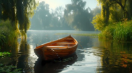 A tranquil riverside scene with a wooden rowboat gently bobbing on the water, surrounded by tall grasses and overhanging willow trees - obrazy, fototapety, plakaty