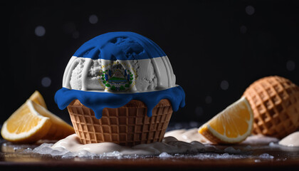 Ice cream with the El Salvador flag on a ice cream ball in a waffle cup on a black background with orange slices around the edges - obrazy, fototapety, plakaty