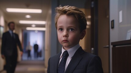 Cinematic scene featuring a professional man in a tailored suit, but with the appearance of a young child