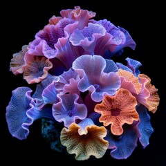 Obraz premium Fluorescent coral polyps emit a captivating glow in the darkness of the deep sea, revealing the hidden beauty and diversity of marine life in this mysterious underwater world.