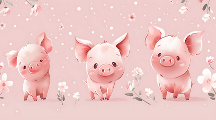 three little cute pigs and flowers