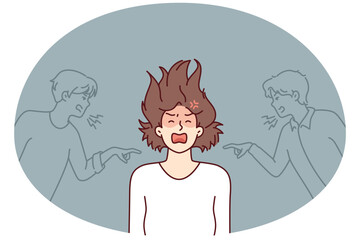 Depressed girl having panic attack and screaming after insulting two guys. Woman experiencing psychological problems after being criticized or insulted based on gender. Flat vector illustration
