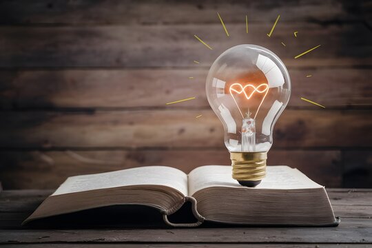 Light bulb on book with vintage background, representing thinking, creativity, and knowledge