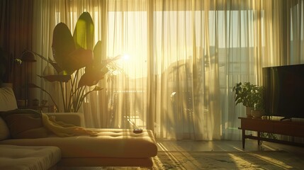 A smart home setup with e-textile curtains that adjust transparency based on sunlight,