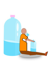 A man sits on the ground with a bottle of water in front of him