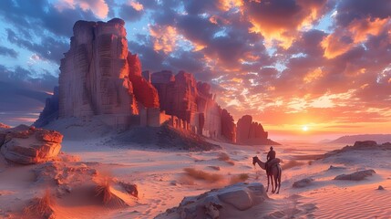 A vast desert landscape stretching to the horizon, dotted with ancient ruins half-buried in the sand, under a sky ablaze with the colors of sunset - obrazy, fototapety, plakaty
