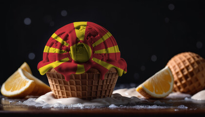 Ice cream with the Republic of Macedonia flag on a ice cream ball in a waffle cup on a black background with orange slices around the edges - obrazy, fototapety, plakaty