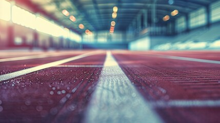 Blurred image of an unoccupied athletics track, emphasizing the stillness and the grandeur of the space, with muted colors and soft lighting 01 - obrazy, fototapety, plakaty