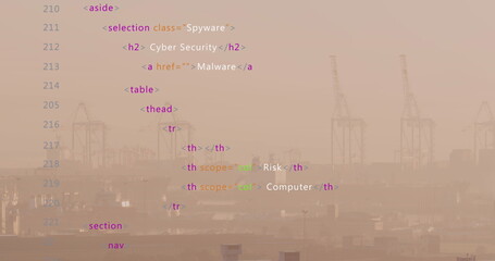 Image of multicolored computer language over fog covered modern city against sky
