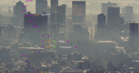 Image of multicolored computer language over aerial view of modern cityscape against sky