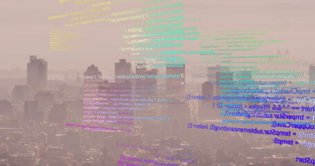 Image of computer language and grid pattern over aerial view of modern city against sky