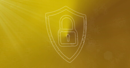 Image of padlock and shield with lines moving against yellow background
