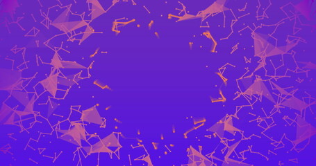 Image of illuminated dots connecting with lines and moving on purple background