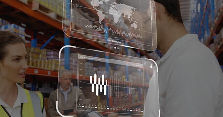 Image of data processing over diverse male supervisor and female worker discussing at warehouse