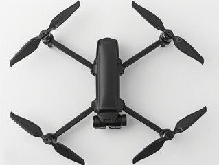 A black drone with four propellers on top.