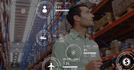 Image of data processing against caucasian male supervisor checking stock at warehouse