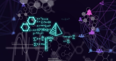 Image of mathematical equations, globes of digital icons and data processing on black background