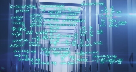 Image of mathematical equations and data processing against computer server room