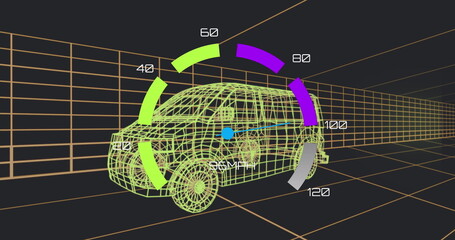 Image of speedometer interface over 3d van model moving in seamless pattern in a tunnel
